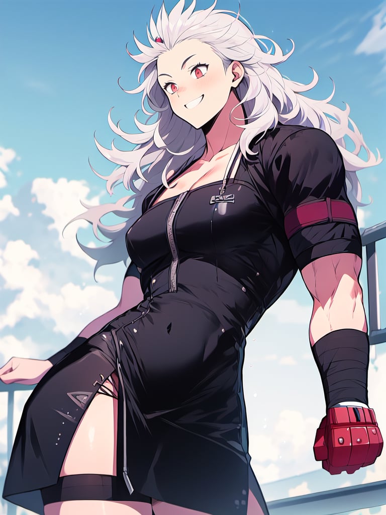 masterpiece, best quality, high definition, photorealistic,noi_(dorohedoro), sole_female,colarbone, masterpiece, 1girl, long hair, white hair, muscles, flex, fighting_stance,tight black cocktail dress, smile