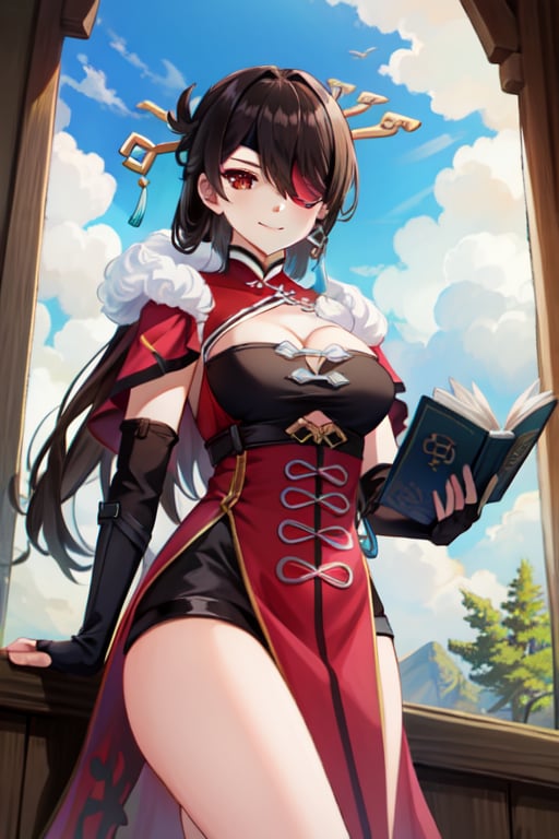 beidou(genshin impact), smile, one eye covered, brown hair, cleavage, bird, eyepatch, solo, hair over one eye, sky, fingerless gloves, thighs, black gloves, red eyes, outdoors, hair ornament, jewelry, dress, earrings, gloves, day, cloud, long hair, looking at viewer, red dress, blue sky, pelvic curtain, chinese clothes, 1girl, hairpin, reading book, in the library,