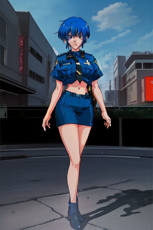 Standing, police_outfit, blue_hair, seductive, 1GIRL, retro style