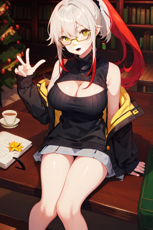 open chest sweater, 1girl, solo, breasts, glasses, cleavage, large breasts, cleavage cutout, sitting, red hair, looking at viewer, shirt, yellow sweater, black jacket, library background, sitting at table with books, white hair, ponytail hair, smile, sleeveless sweater, dark skin, dark-skinned female