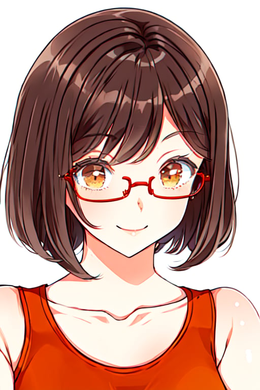 maron artstyle, 1girl, bangs,long hair , woman, bob haircut, brown hair, red glasses, smile, collarbone, (orange tank top), medium shot, shiny skin