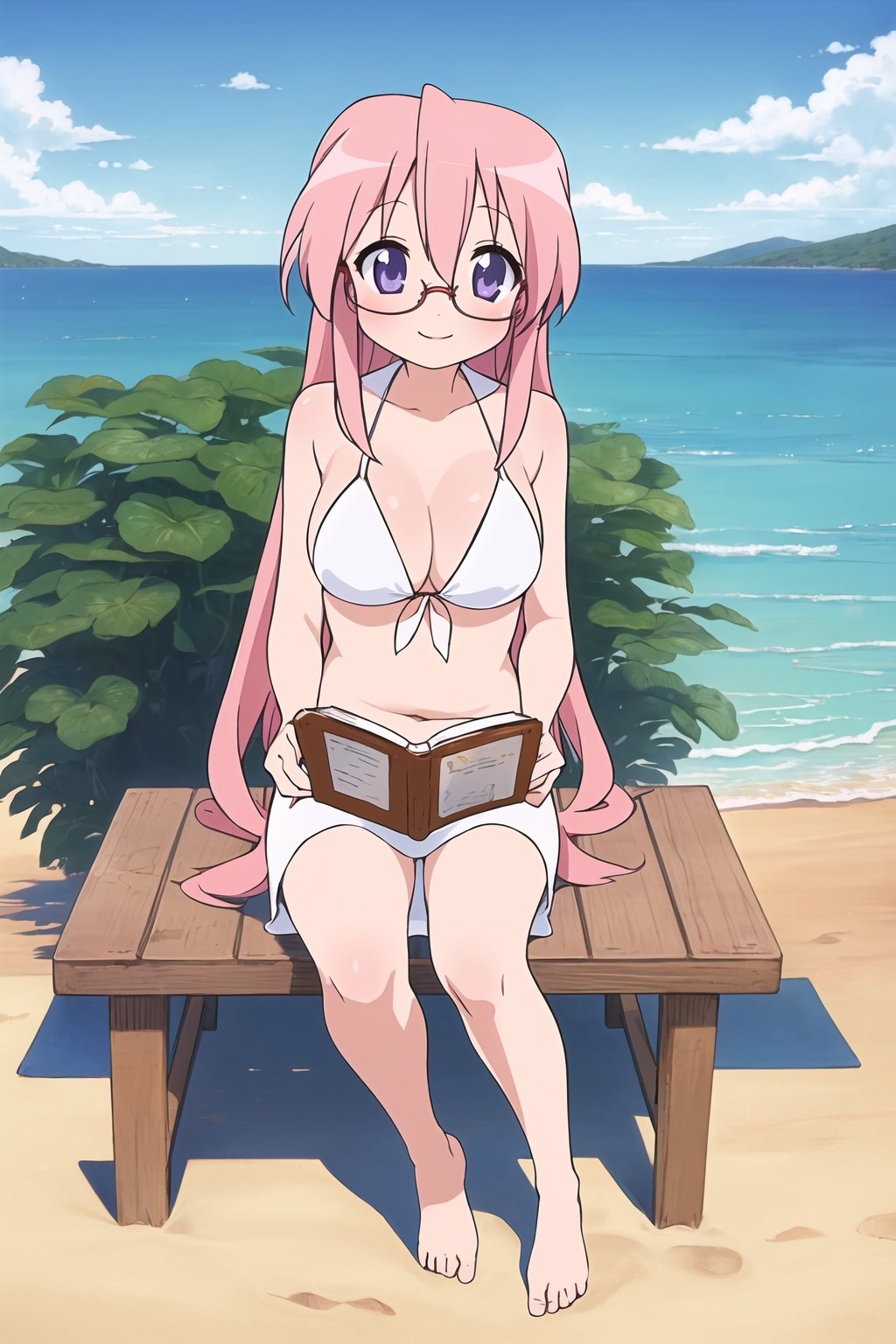 lucky star, beach, 1girl, pink hair, long hair, purple eyes, round eyewear, large breasts, white bikini, smile, (sitting on chair, reading a book)