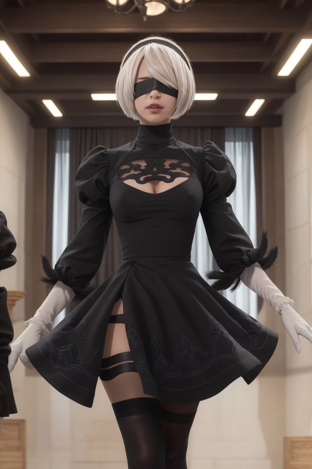 Hyper realistic, very real, masterpiece, best quality, highres, 18yo girl, slender waist, blindfold, long sleeves, puffy sleeves, juliet sleeves, black hairband, black dress, skirt, yorha no. 2 type b, n_2b, spreading her legs 