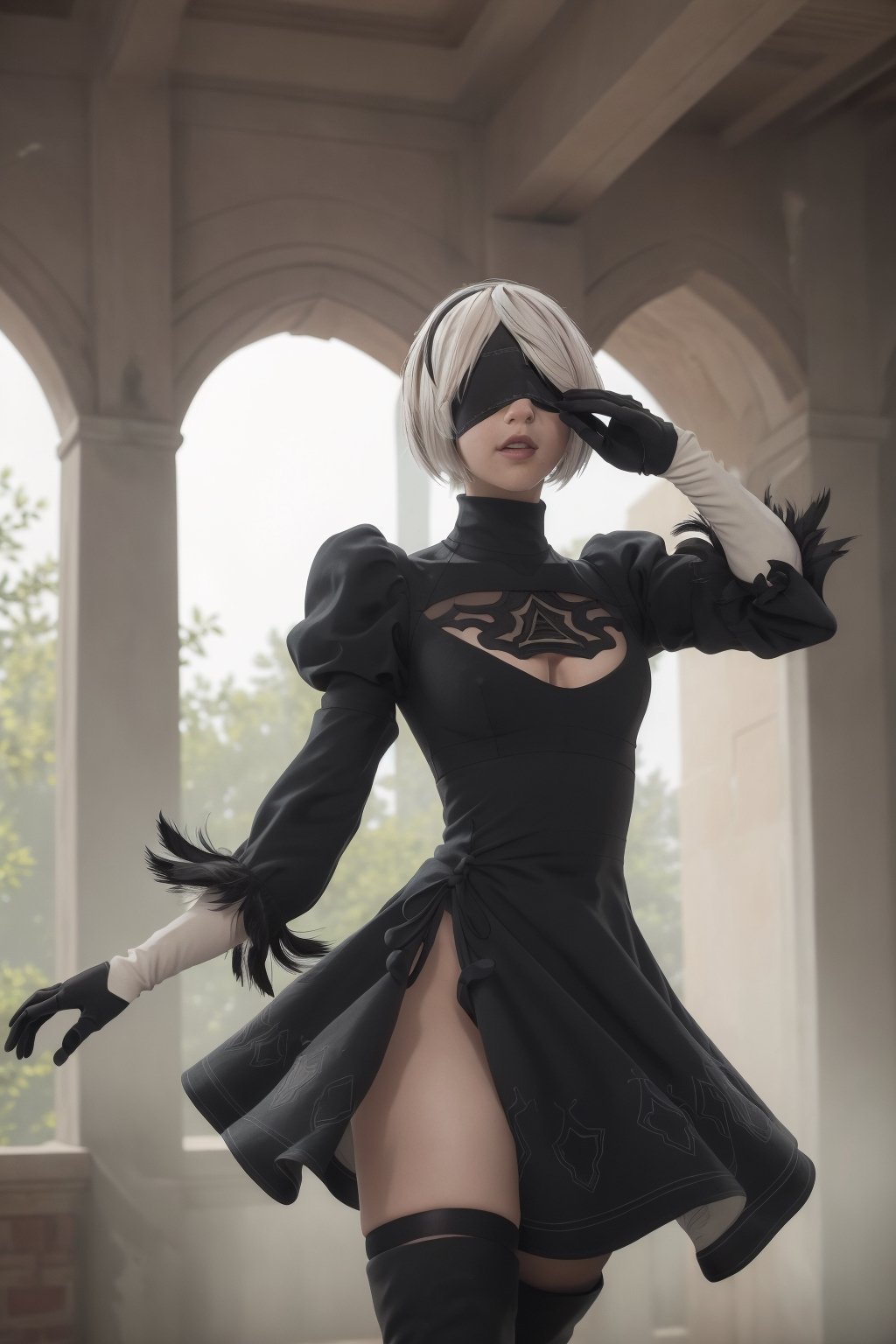 masterpiece, best quality, highres, 18yo girl 2B, Nier automata, blindfold, long sleeves, puffy sleeves, juliet sleeves, feather trim, black thigh-high boots, black gloves, black dress, black skirt, black hairband, yorha no. 2 type b, n_2b dancing pose 