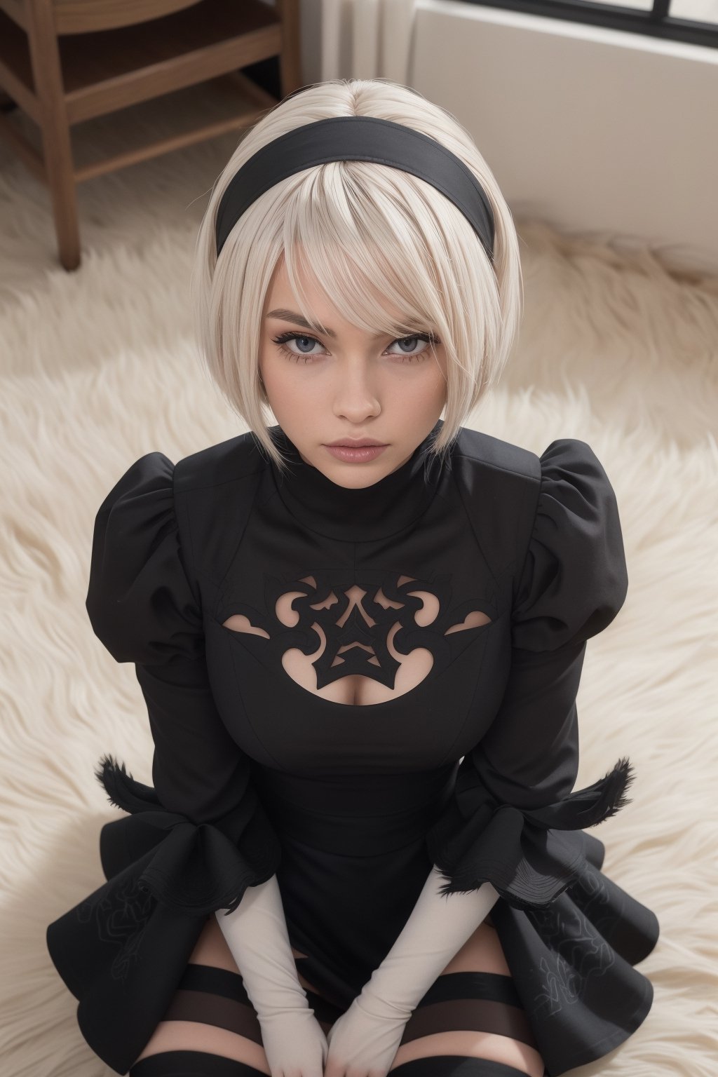 Hyper realistic, very real, masterpiece, best quality, highres, 18yo girl, slender, long sleeves, puffy sleeves, juliet sleeves, black hairband, black dress, skirt, stockings, yorha no. 2 type b, n_2b, on her knees, looking_at_viewer, beautiful, hazel eyes, overhead view 