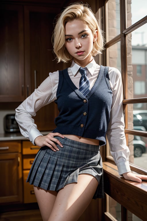 masterpiece, android 18, ultra realistic, extremely detailed face, blonde hair, vivid blue eyes, short hair updo , schoolgirl uniform, pleated skirt, nsfw