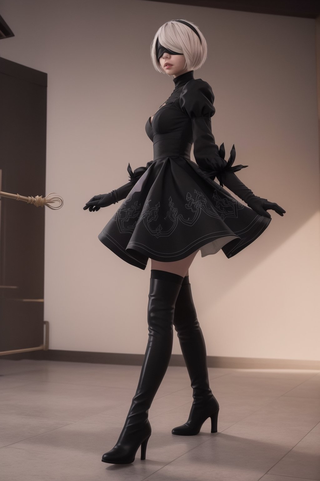 Hyper realistic, masterpiece, best quality, highres, 18yo girl 2B, slender waist, blindfold, long sleeves, puffy sleeves, juliet sleeves, black hairband, black dress, skirt, yorha no. 2 type b, n_2b, Beautiful, black boots, bending, long legs, side view,