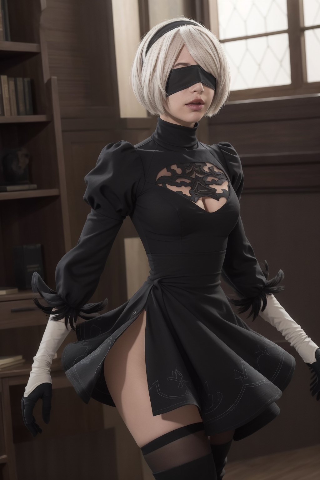 Hyper realistic, masterpiece, best quality, highres, 18yo girl 2B, skinny waist, blindfold, long sleeves, puffy sleeves, juliet sleeves, black hairband, black dress, skirt, yorha no. 2 type b, n_2b, Beautiful, long legs, black boots, bending over, view of legs, side angle 