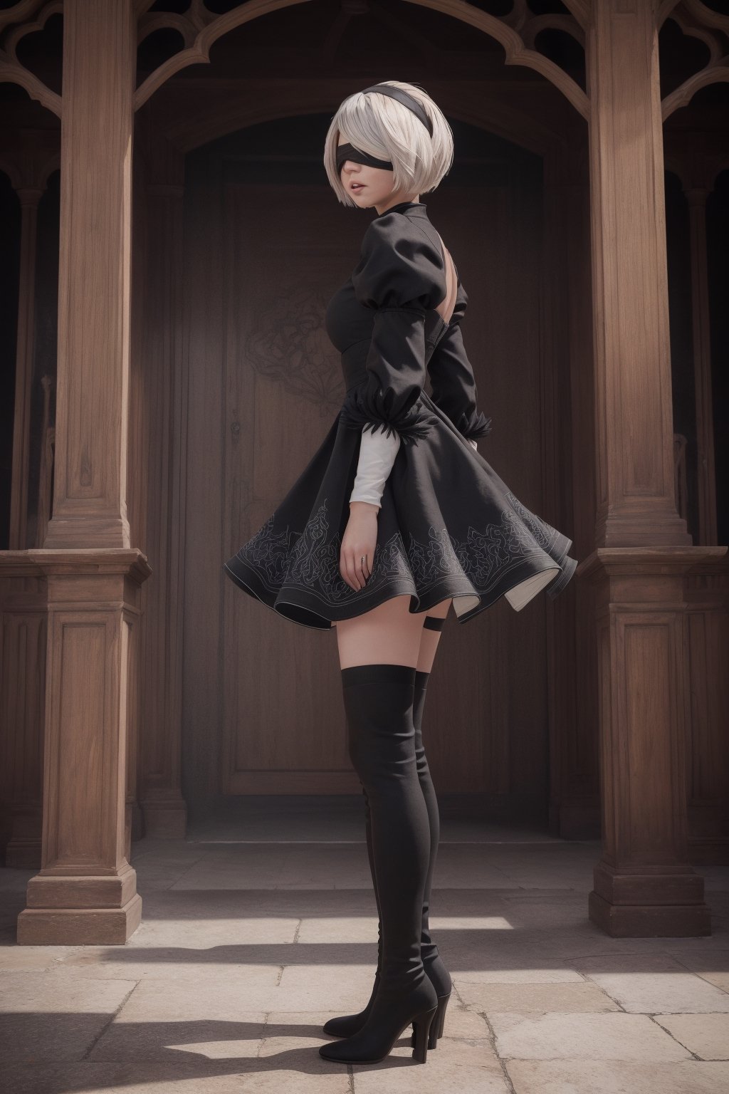 Hyper realistic, masterpiece, best quality, highres, 18yo girl 2B, slender waist, blindfold, long sleeves, puffy sleeves, juliet sleeves, black hairband, black dress, skirt, yorha no. 2 type b, n_2b, Beautiful, black boots, bending, long legs, side view,