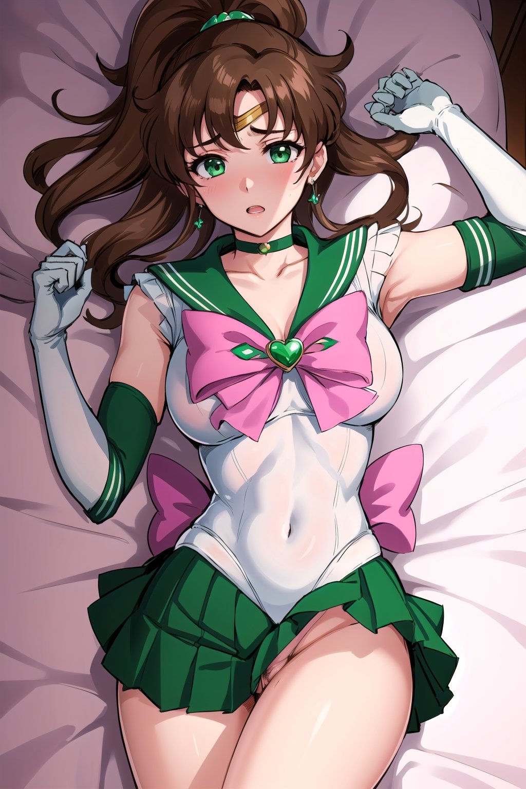 masterpiece, best quality, highres, sailor Jupiter, green eyes, ponytail, jewelry, sailor senshi uniform, green sailor collar, choker, elbow gloves, white gloves, pink bow, brooch, leotard, green skirt, smjupiter, lying on bed, overhead view, slender body, moaning, blushing, masturbating