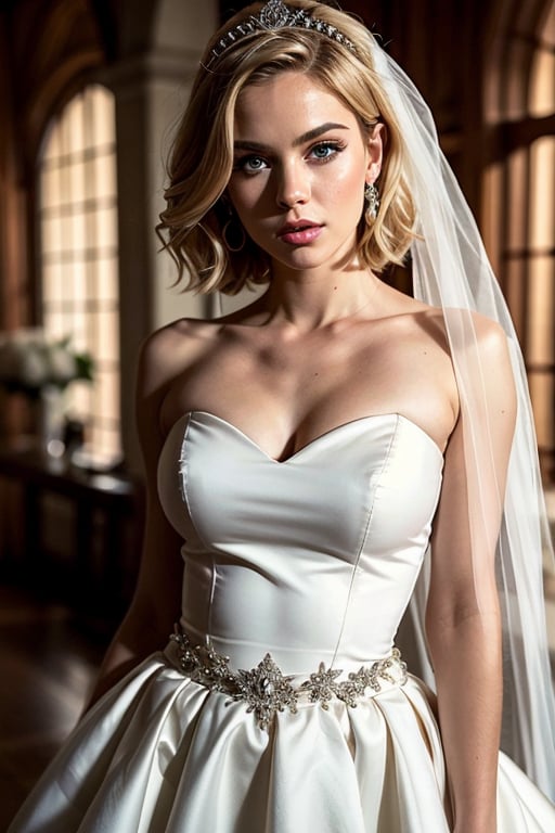 masterpiece, ultra realistic, Android 18, extremely detailed face, blonde hair, vivid blue eyes, short hair, tiara, detailed wedding dress, tight fitting dress 