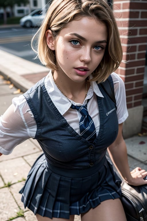 masterpiece, ultra realistic, android 18, extremely detailed face, blonde hair, vivid blue eyes, short hair , schoolgirl uniform torn , pleated skirt, pov looking down , bruise, dirty, torn clothes, revealing clothes, <br />