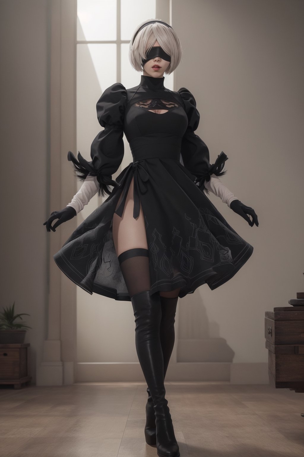 Hyper realistic, masterpiece, best quality, highres, 18yo girl 2B, slender waist, blindfold, long sleeves, puffy sleeves, juliet sleeves, black hairband, black dress, skirt, yorha no. 2 type b, n_2b, Beautiful, black boots, showing off her long legs