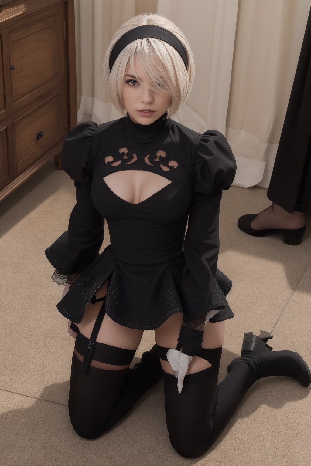 Hyper realistic, very real, masterpiece, best quality, highres, 18yo girl, slender, long sleeves, puffy sleeves, juliet sleeves, black hairband, black dress, skirt, black boots, yorha no. 2 type b, n_2b, kneeling, overhead view 