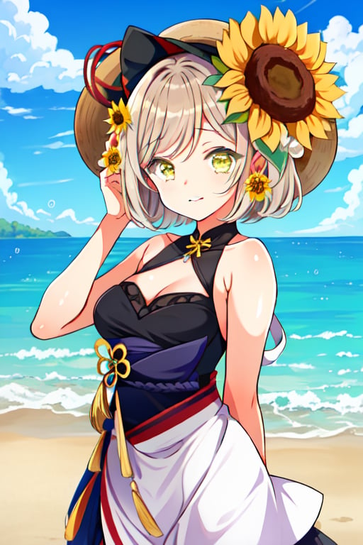 masterpiece, best quality, cute, kawaii, 1girl, browm hair, yellow eyes, (sunflower on hair), upper body, dress, beach, sunny, nahida (genshin impact)