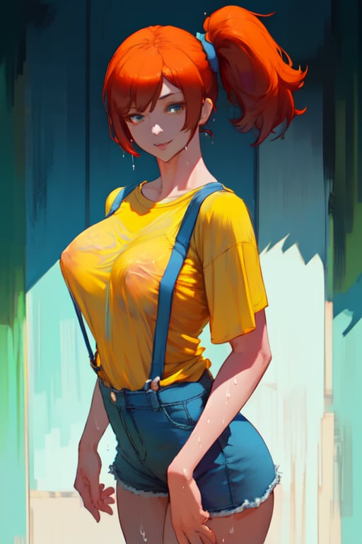 csr style,((masterpiece)),((best quality)),((high definition)),misty pokemon,red suspenders,blue, denim shorts,side ponytail,wet,in water,wet t shirt,smile,ginger hair,yellow shirt, (realistic:1.2), (masterpiece, best quality, ultra-detailed), (beautiful detailed face, beautiful detailed eyes, volumetric lighting), oversized shirt