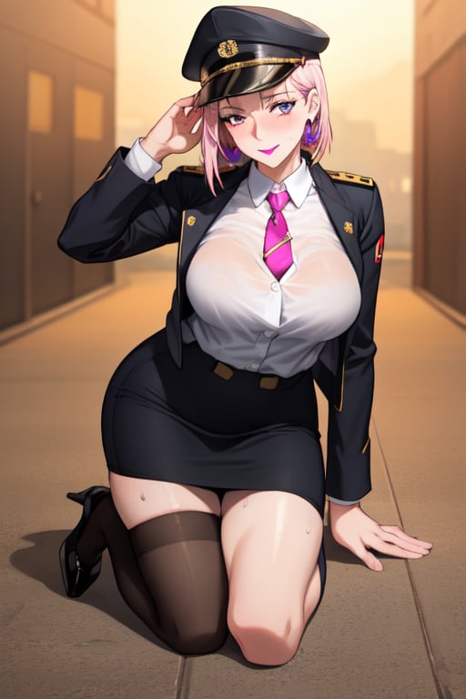 (masterpiece, best quality:1.3), colorful, vibrant, highly detailed, hentai, 4K, Kurotaki Rin, 1girl, Balancing in a dancer's pose, sunny weather, golden hour, (blush:1.1), (sweat:1.1), horny smile, flirting glance, full body shot, black hair, very long hair, lipstick, makeup, eyeshadow, ultra detailed hair, detailed face, violet eyes, complex realistic perfect eyes, perfect face, earrings, jewelry, black military uniform, pencil skirt, (white shirt:1.1), armband, necktie, cap, pink thighhighs, pink court shoes, (mature female, 30yo:1.1), covered breasts, milf, breasts, <