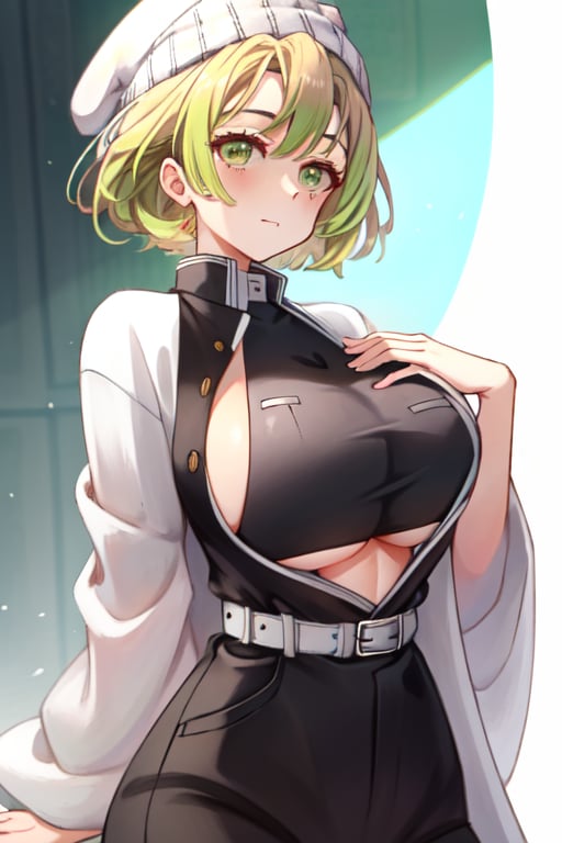 mitsuri(demon slayer), large breasts, upper body, haori, bangs,    (masterpiece, best quality), 1lady, milf (short Track jacket), high-waist leggings, cropped top, (underboob:1.15), beanie, High Sneakers blonde bob cut, big breasts in studio, white backgroud, hands in pocket, (from front:1.2), looking at viewer, sit