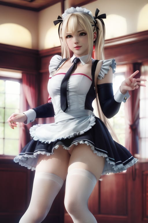  marie rose, maid uniform, indoors, palace, headdress, white thighhighs