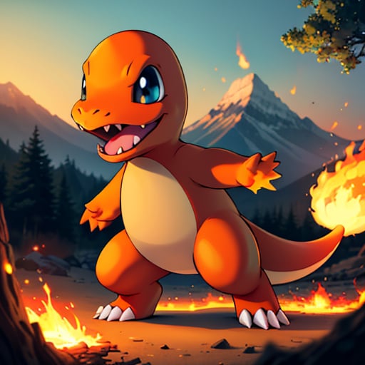 ((masterpiece,best quality)), absurdres,, Charmander_Pokemon,   flame-tipped tail, pokemon_\(creature\),full_body, facing viewer, looking at viewer,embers, explosion, fangs, swirling flames,mountain, nature, no_humans,  outdoors,  sky, tree