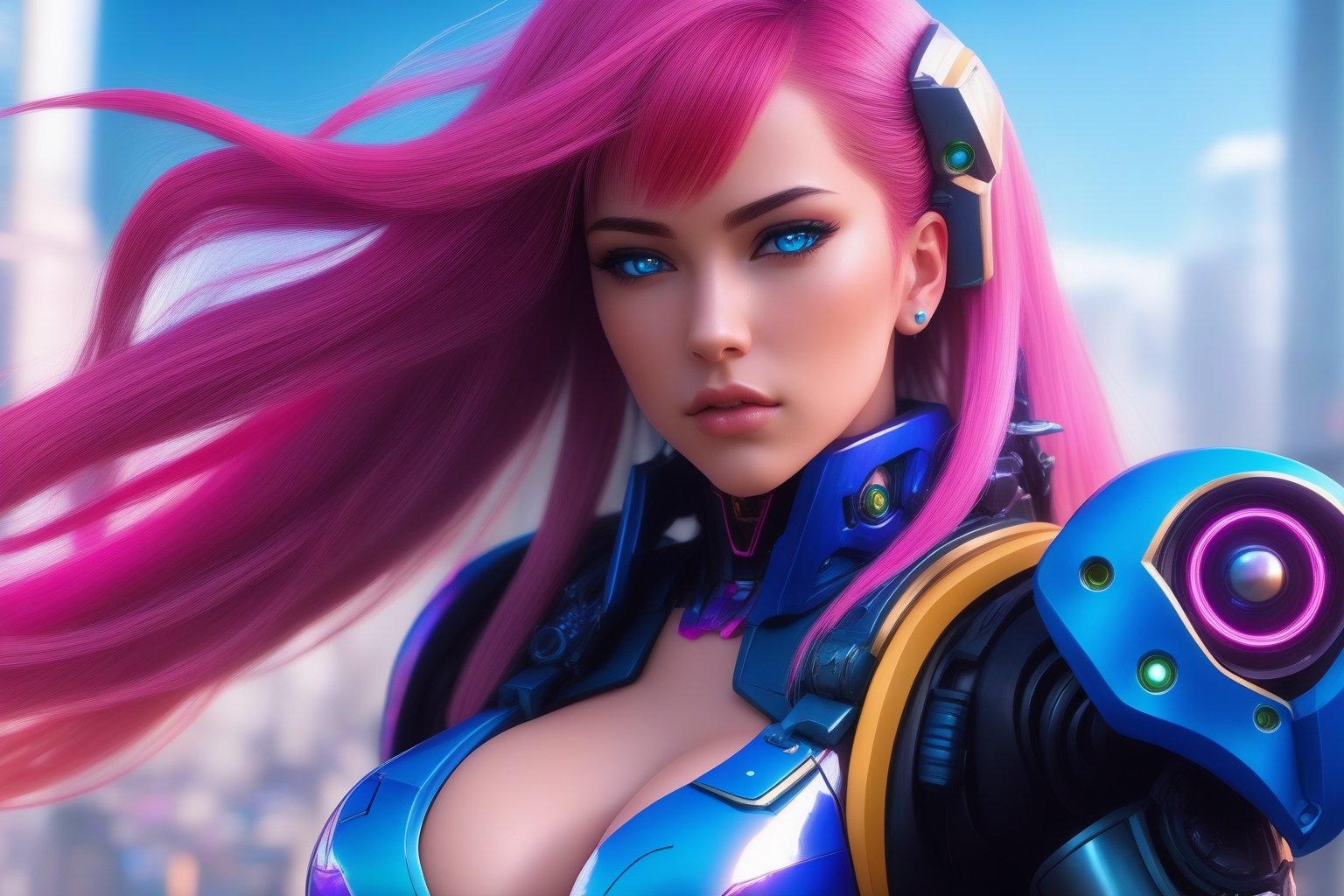 cinematic , 1girl, single, ultra realistic, beautiful girl, space marine armor, floating_hair, muscular abs, exposed abs, large breasts, busty, long pink hair, blue eyes, large eyes, mecha_girl_figure, cyberpunk Tokyo background, perfecteyes