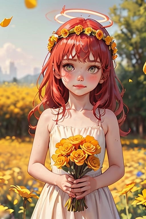 a red-haired woman with a flower crown on her head, about 1-9 years old, wearing a flower crown, a flower crown, a flower headdress, with yellow flowers around it, she has a crown of dried flowers, an orange halo around her head, a child of flowers