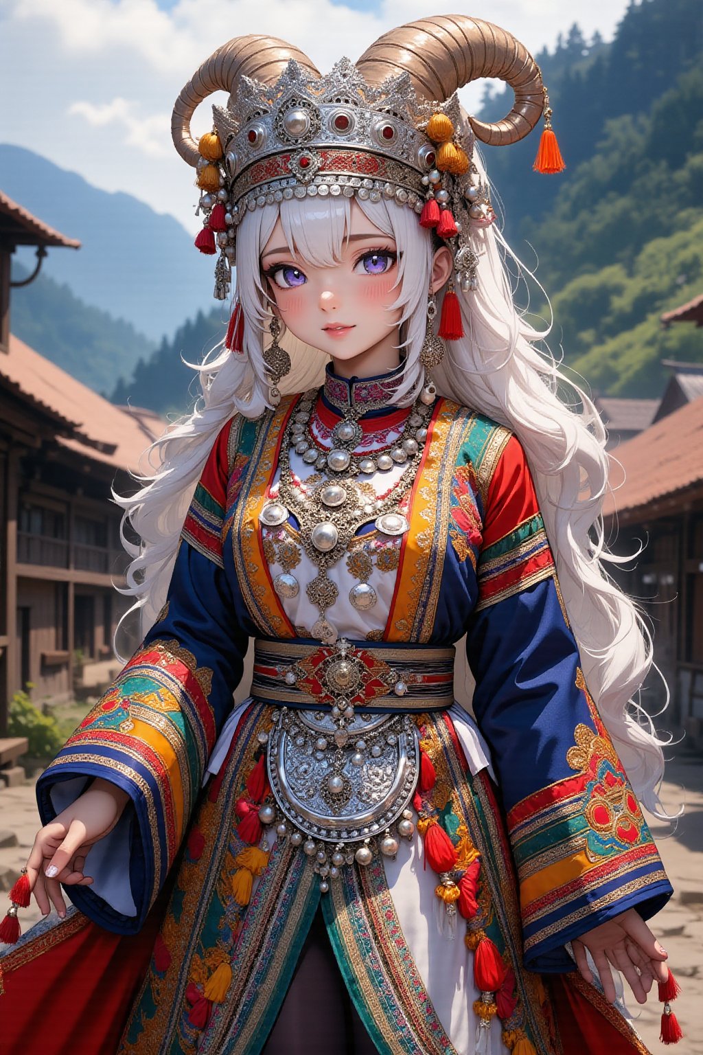 anime style,1Girl,A young albino Demon girl,goat horns,pale White skin,pure White long wave Hair,
 in northern Thailand wearing an opulent traditional bridal costume. Vibrant, multi-layered outfit with intricate embroidery and silver coin decorations. Elaborate headdress adorned with colorful tassels, beads, and dangling silver ornaments. Heavy silver necklaces and large earrings frame her face. Richly embroidered jacket in deep indigo with geometric patterns in red, yellow, and green. Wide pleated skirt with bold horizontal stripes and detailed needlework. Ornate silver belt with hanging charms. Embroidered apron with intricate designs. Legs wrapped in indigo leggings with embroidered ends. Traditional cloth shoes with pointed toes. She stands in a misty mountain village with traditional Hmong houses in the background,1girl,lyh,adrr-tsfft