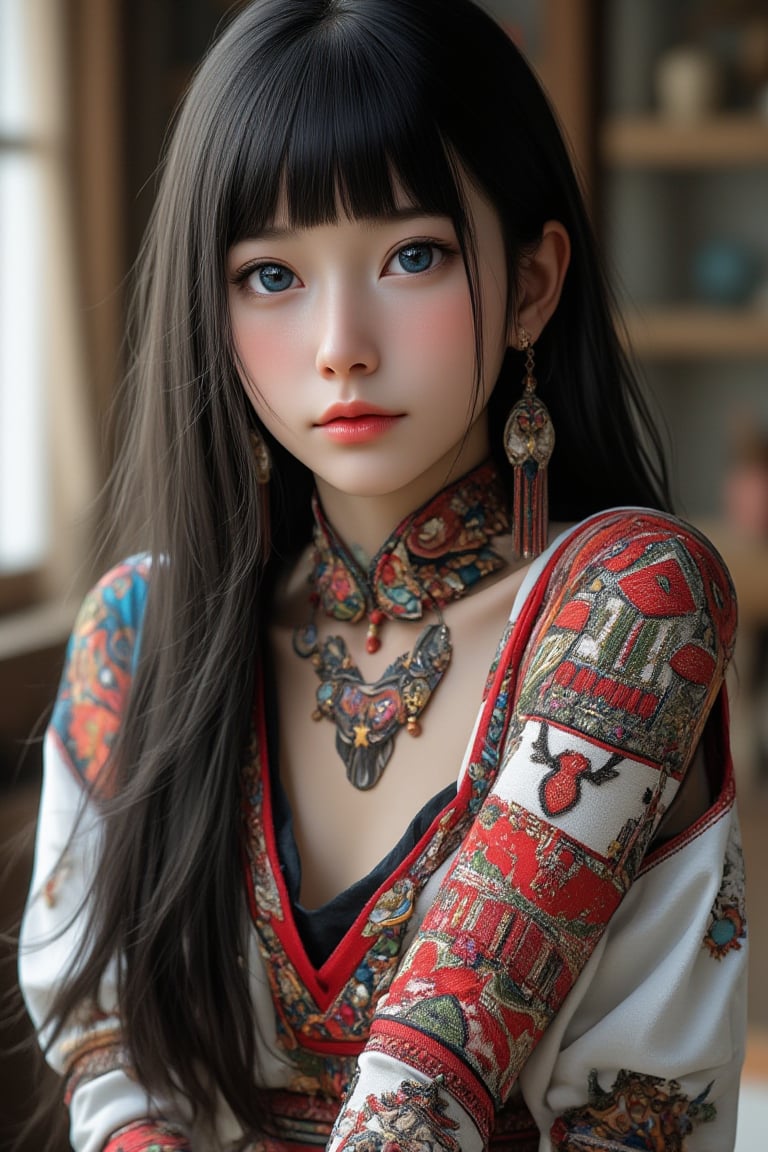 Super detailed, super realistic, anatomically correct,beautiful Nordic girl with long hair and blunt bangs,
 Wearing ancient national costume, long straight black hair, Yakut national costume, (beautiful blue eyes), almond eyes, intricate textiles decorated with colorful and intricate geometric patterns, arms decorated with decorative embroidery.
Beautiful crystal blue eyes, almond eyes, complex fabric decorated with colorful and intricate geometric patterns, white, red and green and other earth tones clothes,, aw0k euphoric style,, perfect imitation of TaisaSDXL, dal, ct-identityV2, dynamic pose action cute, 32k, hyper detailed 