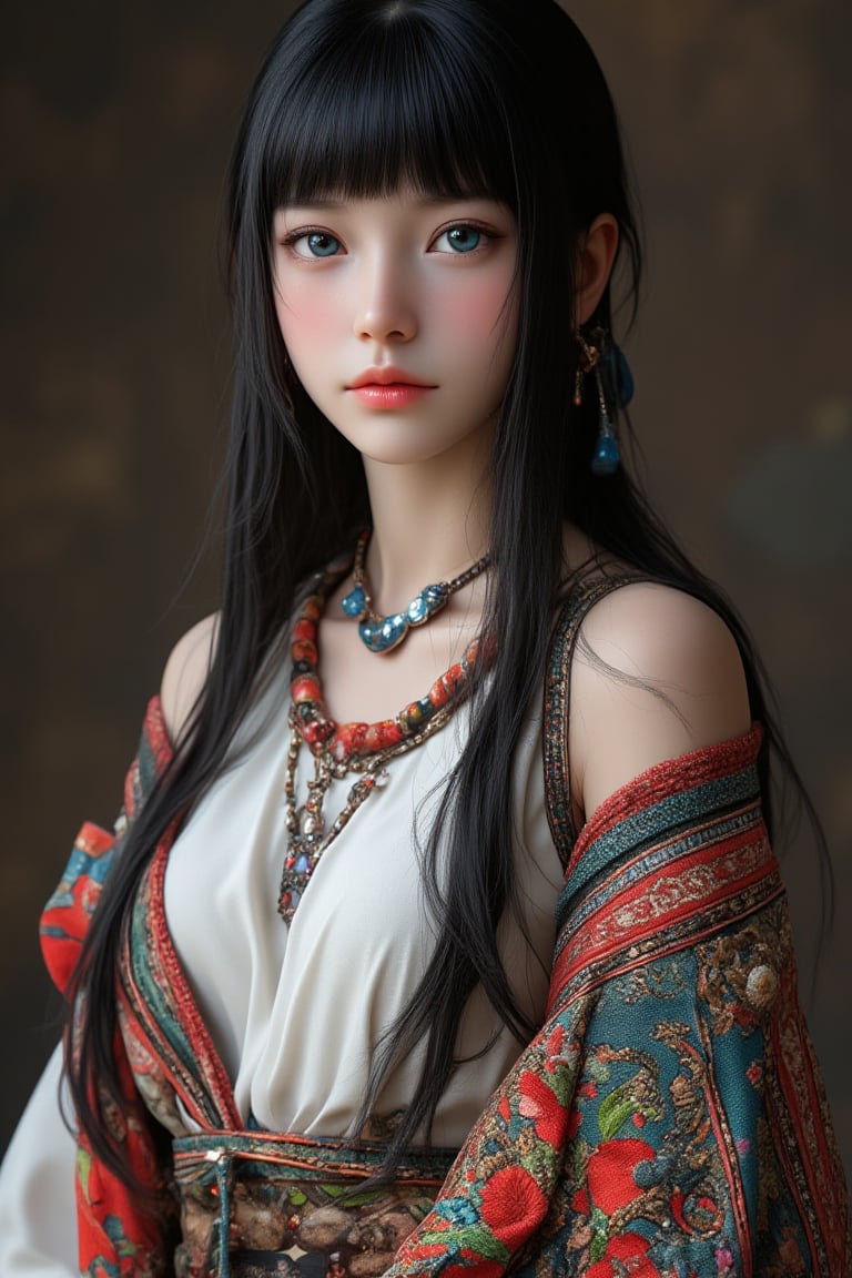 Super detailed, super realistic, anatomically correct,beautiful Nordic girl with long hair and blunt bangs,
 Wearing ancient national costume, long straight black hair, Yakut national costume, (beautiful blue eyes), almond eyes, intricate textiles decorated with colorful and intricate geometric patterns, arms decorated with decorative embroidery.
Beautiful crystal blue eyes, almond eyes, complex fabric decorated with colorful and intricate geometric patterns, white, red and green and other earth tones clothes,, aw0k euphoric style,, perfect imitation of TaisaSDXL, dal, ct-identityV2, dynamic pose action cute, 32k, hyper detailed 