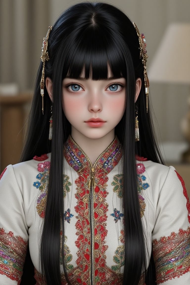 Super detailed, super realistic, anatomically correct,beautiful Nordic girl with long hair and blunt bangs,
 Wearing ancient national costume, long straight black hair, Yakut national costume, (beautiful blue eyes), almond eyes, intricate textiles decorated with colorful and intricate geometric patterns, arms decorated with decorative embroidery.
Beautiful crystal blue eyes, almond eyes, complex fabric decorated with colorful and intricate geometric patterns, white, red and green and other earth tones clothes,, aw0k euphoric style,, perfect imitation of TaisaSDXL, dal, ct-identityV2, dynamic pose action cute, 32k, hyper detailed 