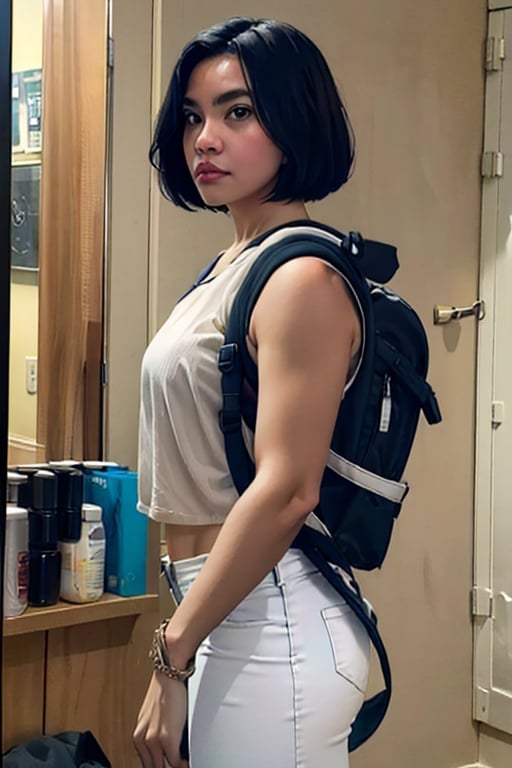 cowboy shot of faith connors, short hair, black hair, black top, white pant, one strap backpack, mirror's edge, cinematic background,Ajmrxyz