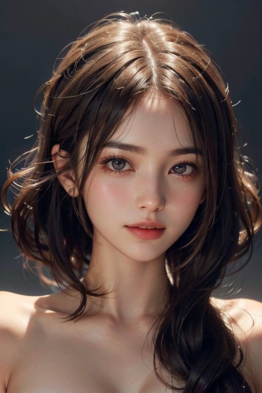 a 20 yo woman, brown hair,long hair,Wavy hair, (hi-top fade:1.3), dark theme, soothing tones, muted colors, high contrast, (natural skin texture, hyperrealism, soft light, sharp),light smile naked,