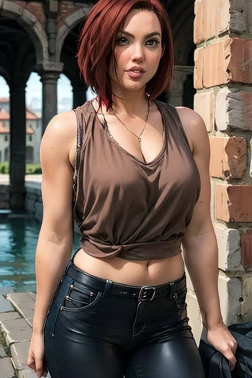 cowboy shot of rayne, blood rayne, large breasts, long v-neck top, sleeveless, leather pant, red hair, short hair, castlevania