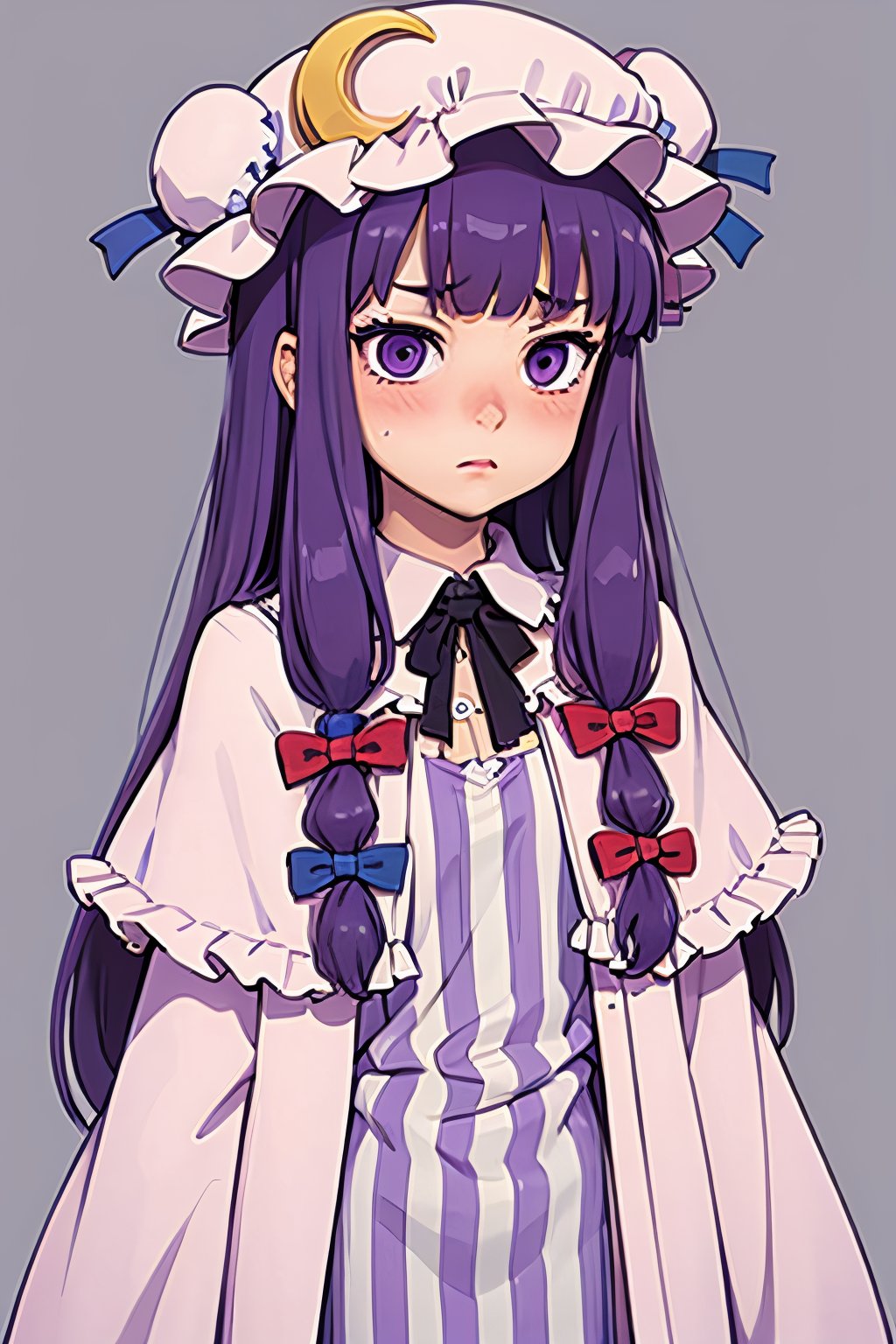 masterpiece, best quality,,1girl,solo,patchouli knowledge, purple hair,purple eyes,grey background, blush, 