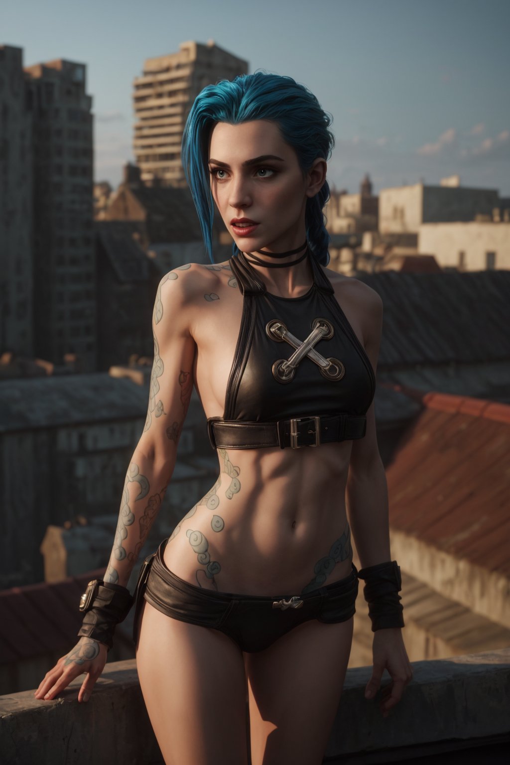 (((Upper body Photograph:1.3))) photorealism, hyperrealism, cinematic-still frame. PhotoReal, crystal clear photograph, real photograph, (1girl), A full body photograph of Jinx, from arcane series, in a provocative an sexy pose. Dynamic pose. The setting is a rooftop with an urban bachground midday. depth of field. Ultra detailed, high_resolution photography, 70mm lens, hasselblad cameraJinxLol,arcane style