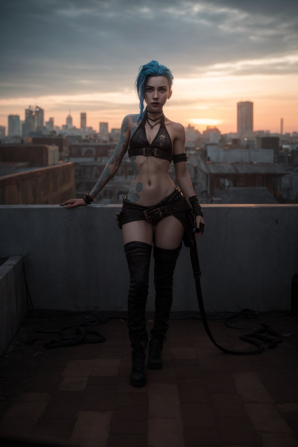 PhotoReal, crystal clear photograph, real photograph, (1girl), A full body photograph of Jinx, from arcane series, in a provocative an sexy pose. Dynamic pose. The setting is a rooftop with an urban bachground. depth of field. Ultra detailed, high_resolution photography, 70mm lens, hasselblad camera. 