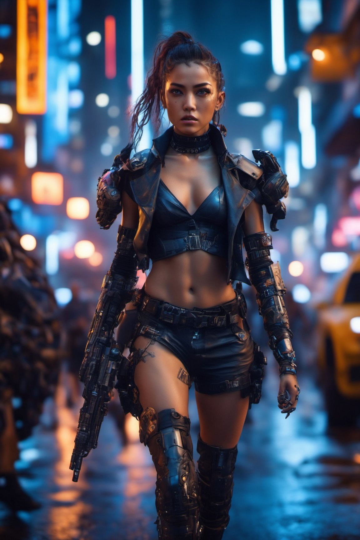 (((Upper body Photograph:1.2))) photorealism, hyperrealism, cinematic-still frame. High definition photography. Insanely detailed color photograph. 1girl, an insanely beautiful cyberpunk bounty hunter girl, chasing her subject, ultra dynamic pose. night city, cyperpunk style, people walking on street, neon lighting, buildings, traffic, cyber cars,cyborg style,HZ Steampunk