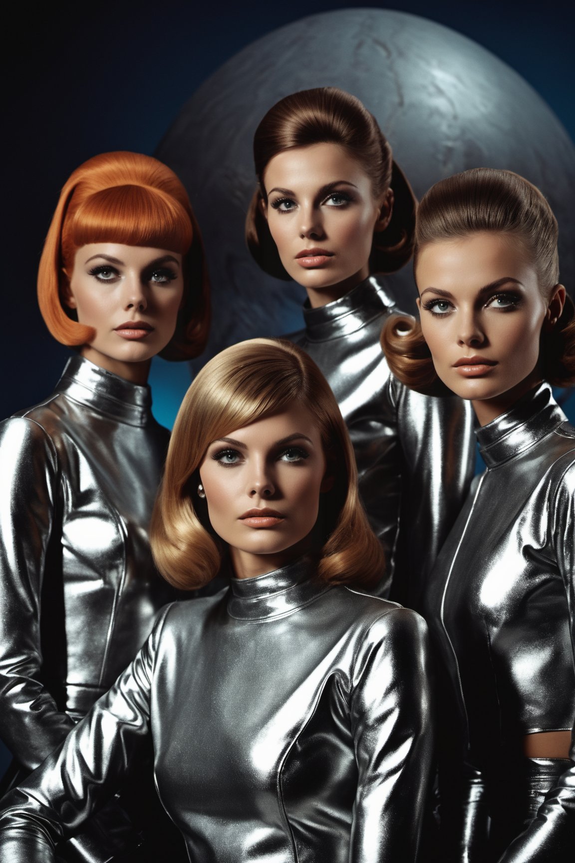 (ultra realistic photograph:1.3) portrait, (matte skin texture:1.2) (realistic skin texture:1.3) 3girls (8k, RAW photo, best quality, ultra high res, photorealistic, masterpiece, ultra-detailed, Unreal Engine), Martin Quiin production, 60's retro futuristic spacepunk movie. Scene with 3girls wearing shiny metalized fabric suits, exploring a 60's prop painted background scene alien planet,. (Cinemascope:1.4) ((technicolor:1.4)) ((60's fashion hairstyles:1.4))Movie Stil