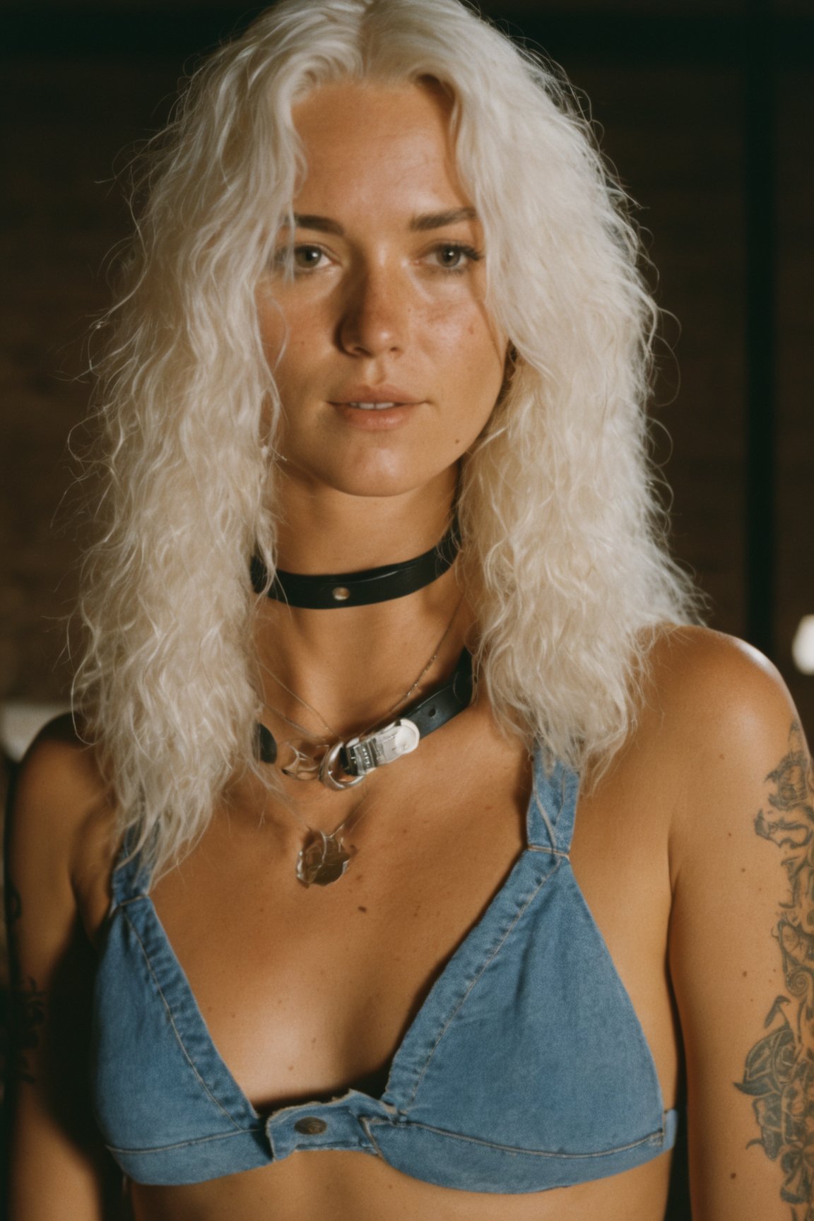 photo, rule of thirds, dramatic lighting, medium hair, shiny white long hair, detailed face, detailed nose, woman wearing  a skimpy leather bikini, freckles, choker, smirk, tattoo, intricate background
,realism,realistic,raw,analog,woman,portrait,photorealistic,analog,realism,Movie Still,AngelicStyle,photo r3al,Film Still,Mechanical part