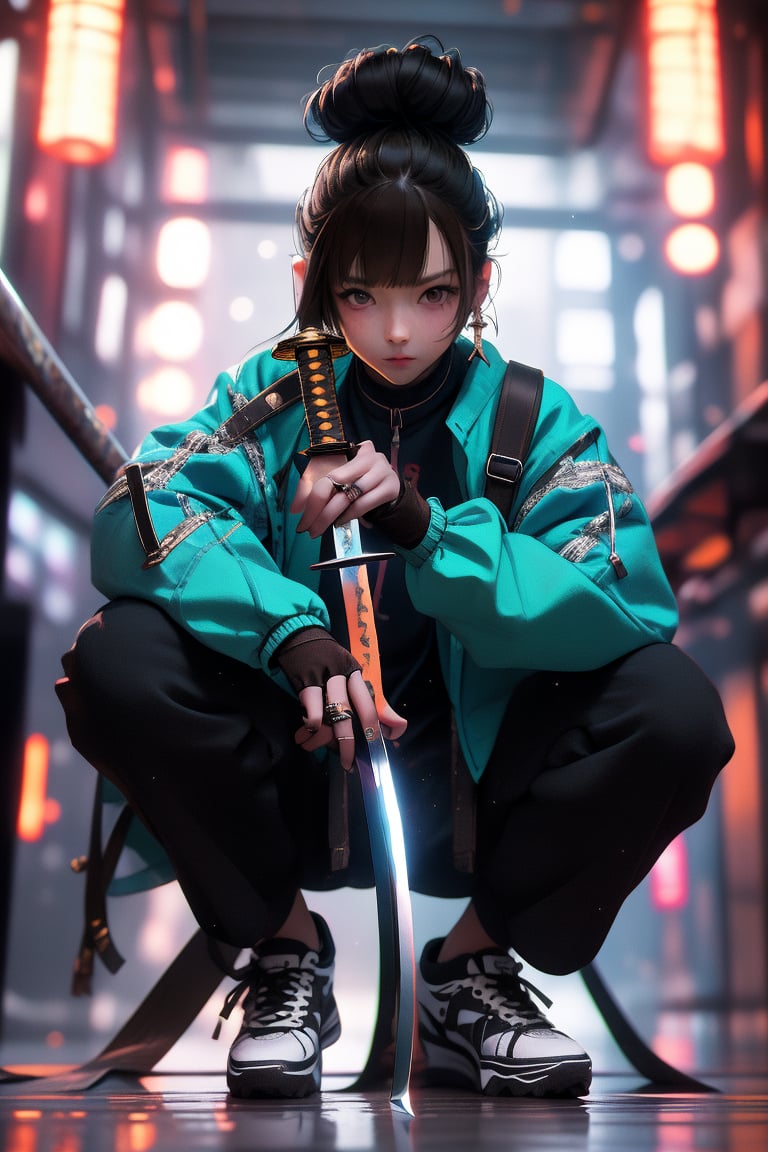 (masterpiece:1.4), best quality,cg,3d render, Samurai girl,1girl, solo, sword, weapon, sneakers, black hair, shoes, squatting, sheath with a gleaming katana, hair bun, jacket, blurry, holding, ring, pants, earrings, long sleeves, holding weapon, black pants, blue jacket, holding sword, single hair bun, sheathed, blurry background, bag, depth of field, closed mouth, full body, reflection, looking at viewer, fingerless gloves, long hair, gloves, bangs, brown eyes, sidelocks, very realistic 