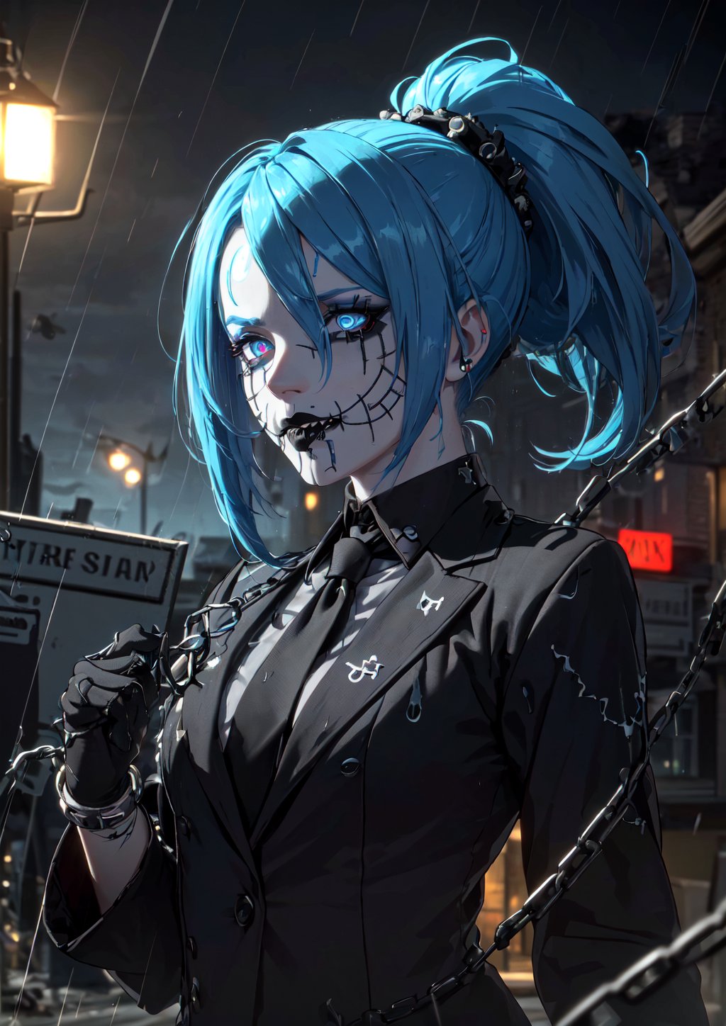 (masterpiece, top quality, Sharp image, 8k, best, official art, bokeh, depth of field, lens flare, (Darkness, colorful hues, empty rooftop, wind,rain,), Stitches across face, blue haircolor, Ponytail haristyle, Office suit, Tie, Threads across the screen, wires snaring hands, needles threads, wires, stitches, threads on face, stitches on face, stitched mouth, mouth sewn shut, nightmare, horror, scoundrel, black tie, chains, vile, black lips, black lipstick, rain, ash, tar, needles, in hair, prismatic makeup, psychotic,Endsinger, Psycho smile, head tilted, villain, Glowing blue eyes, 