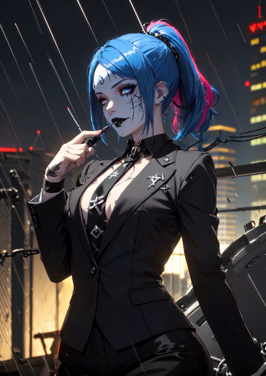 (masterpiece, top quality, Sharp image, 8k, best, official art, bokeh, depth of field, lens flare, (Darkness, colorful hues, empty rooftop, wind,), Stitches across face, blue haircolor, Ponytail haristyle, Office suit, Tie, Threads across the screen, wires snaring hands, needles threads, wires, stitches, threads on face, stitches on face, stitched mouth, mouth sewn shut, nightmare, horror, scoundrel, black tie, chains, vile, black lips, black lipstick, rain, ash, tar, needles, in hair, prismatic makeup, psychotic,Endsinger, Psycho smile, head tilted, villain, Glowing blue eyes, 