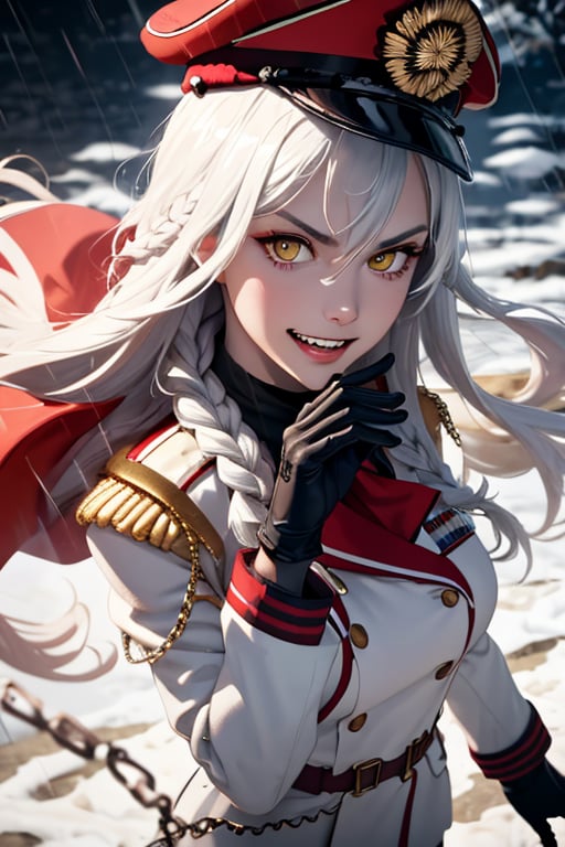 From above, Victory pose, cover photo (beautiful detailed face), (beautiful detailed eyes:1.2), (glowinig golden eyes:1.2), | solo, knight woman, braid hair, white hair color, windy hair, gold eyes, red eye shadow,(White military outfit, military hat, gloves), | symetrical and detailed clothes, | galaxy, war, street, moonlight, sparkle, rain | bokeh, depht of field, | hyperealistic shadows, smooth detailed, behisheroine,oda_biig, evil grin, sinister eyes, fanatic expression, collared cape, chains,  fangs, smug, celebrate, celebration, spread fingers, hold hand across face, 