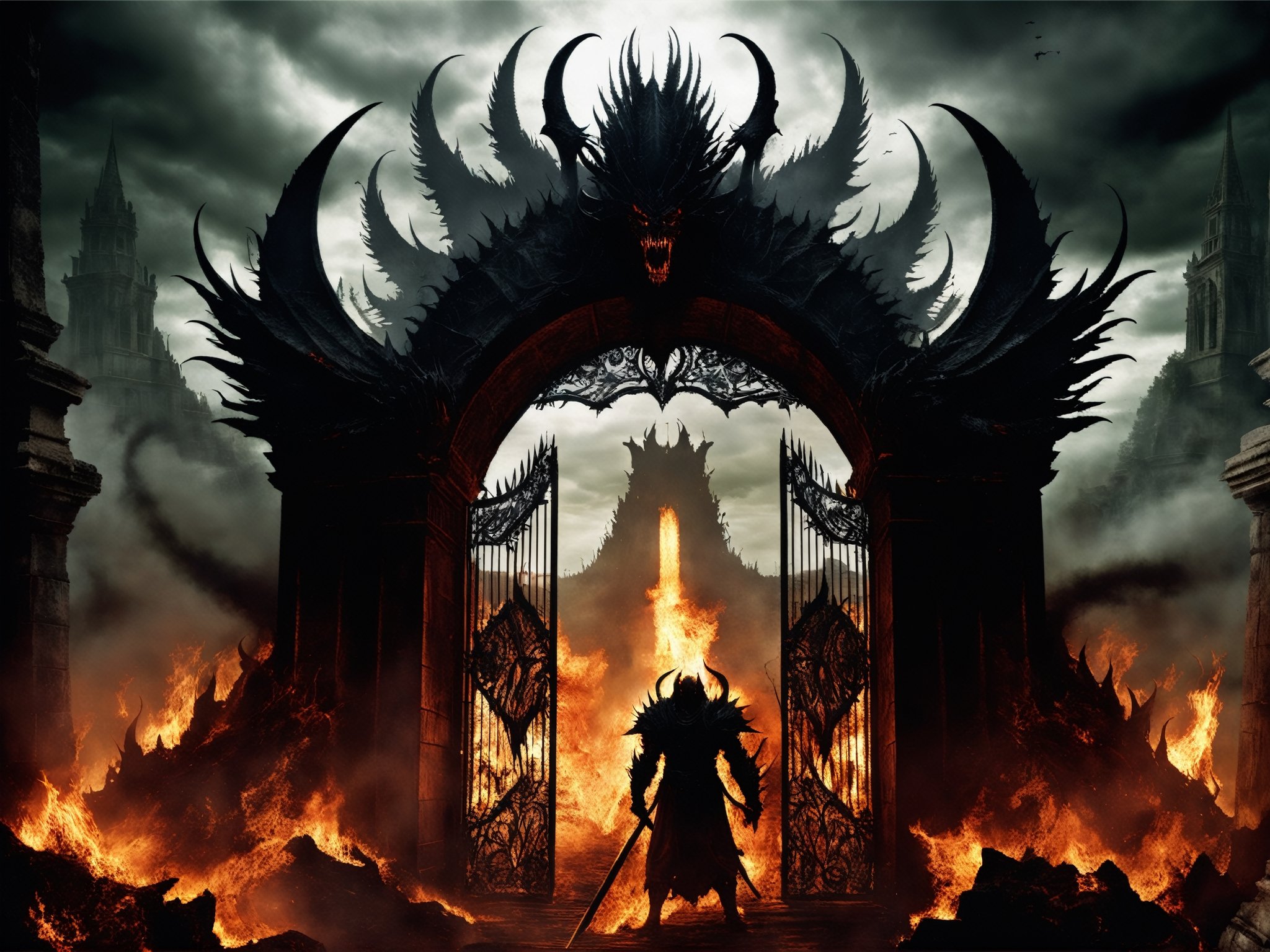 The Gates of Hell,  guarded by the oldest and most fearsome shadows,  stand majestic in the heart of a realm of fire and b...