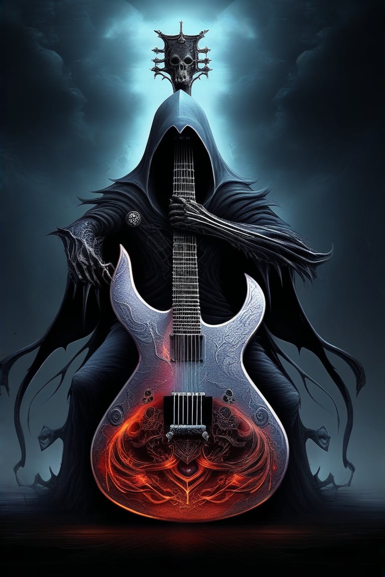 Create a captivating digital artwork featuring Death holding a scythe-shaped electric guitar. The scene should blend elements of dark fantasy and rock music, highlighting the menacing yet intriguing presence of Death. The guitar should have intricate details and a sharp, menacing design, merging seamlessly with the overall dark and mystical atmosphere