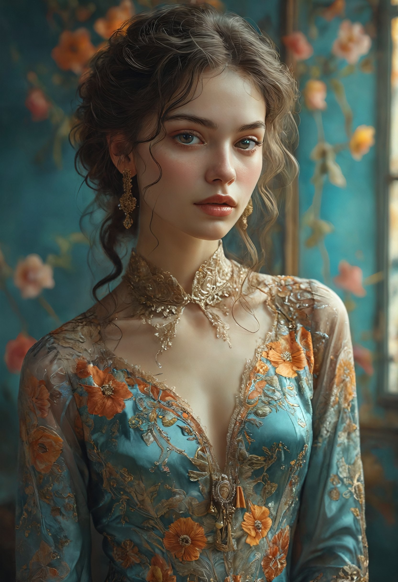 A mysterious woman with luscious wavy hair, slender eyes, sharp jawline, thin lips, and clad in an Eastern-inspired silk dress, portrayed in a digital illustration that captures her enigmatic aura and ethereal beauty with intricate detail and vibrant colors. Fantasy mysterious background, 
