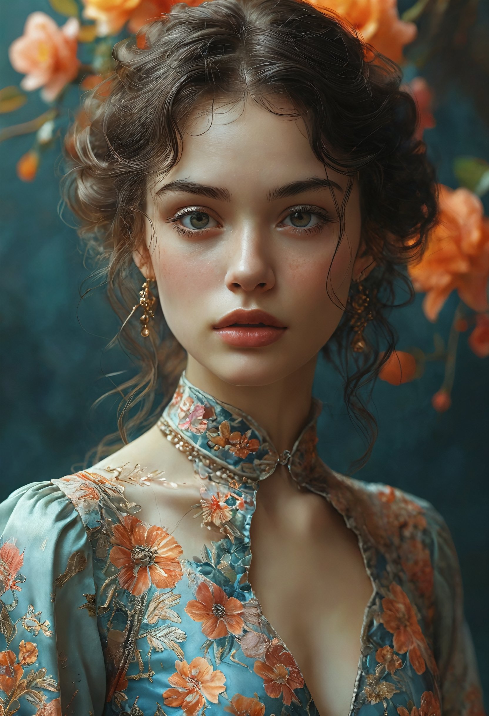 A mysterious woman with luscious wavy hair, slender eyes, sharp jawline, thin lips, and clad in an Eastern-inspired silk dress, portrayed in a digital illustration that captures her enigmatic aura and ethereal beauty with intricate detail and vibrant colors. Fantasy mysterious background, 
