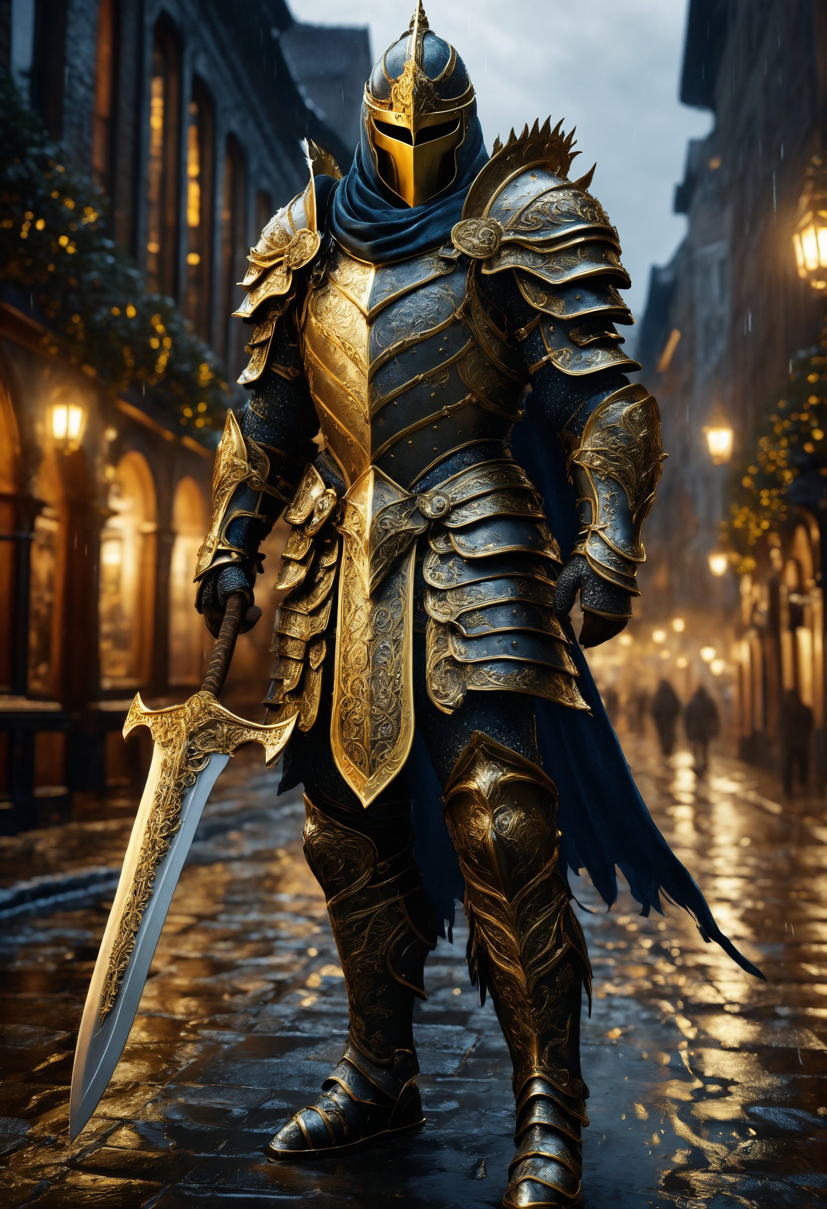 Create a realistic and detailed image of a warrior in magnificent, intricately detailed armor. The warrior has a determined look and stands in a medieval, rainy cityscape. His armor is elaborately adorned with golden elements, and he holds a sword with a glowing blade. The image is in dark, dramatic colors, with lighting that highlights the textures and details of the armor. Ultra-realistic, 8K, inspired by Todd McFarlane and Jay Anacleto.
,realistic