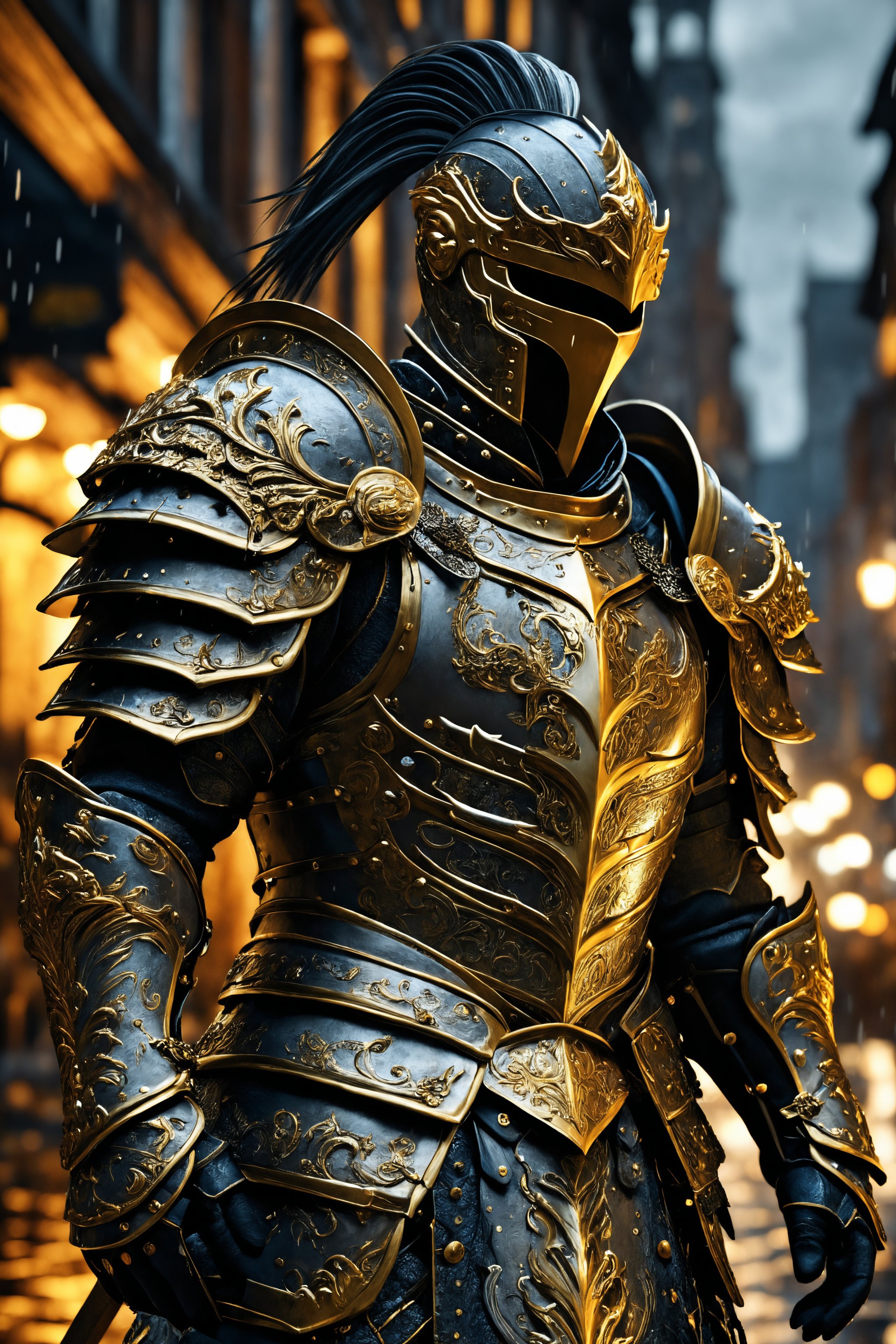 Create a realistic and detailed image of a warrior in magnificent, intricately detailed armor. The warrior has a determined look and stands in a medieval, rainy cityscape. His armor is elaborately adorned with golden elements, and he holds a sword with a glowing blade. The image is in dark, dramatic colors, with lighting that highlights the textures and details of the armor. Ultra-realistic, 8K, inspired by Todd McFarlane and Jay Anacleto.
,realistic