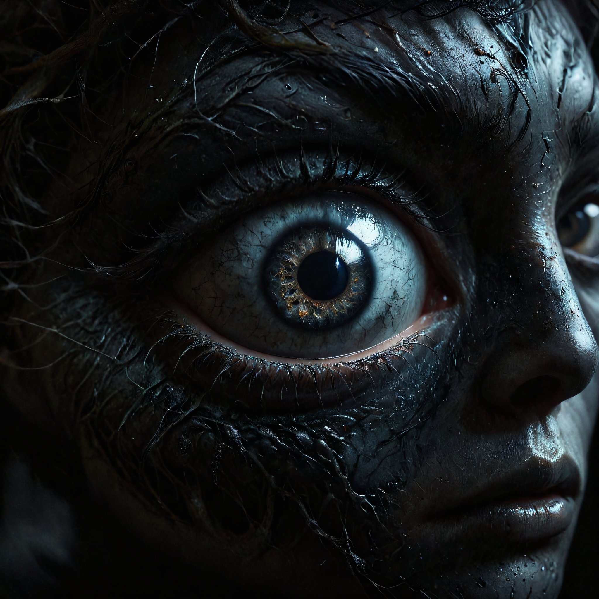 a close up image of an eye of the watcher, eerie, black color scheme, horror, highly detailed, artstation, cgsociety, 